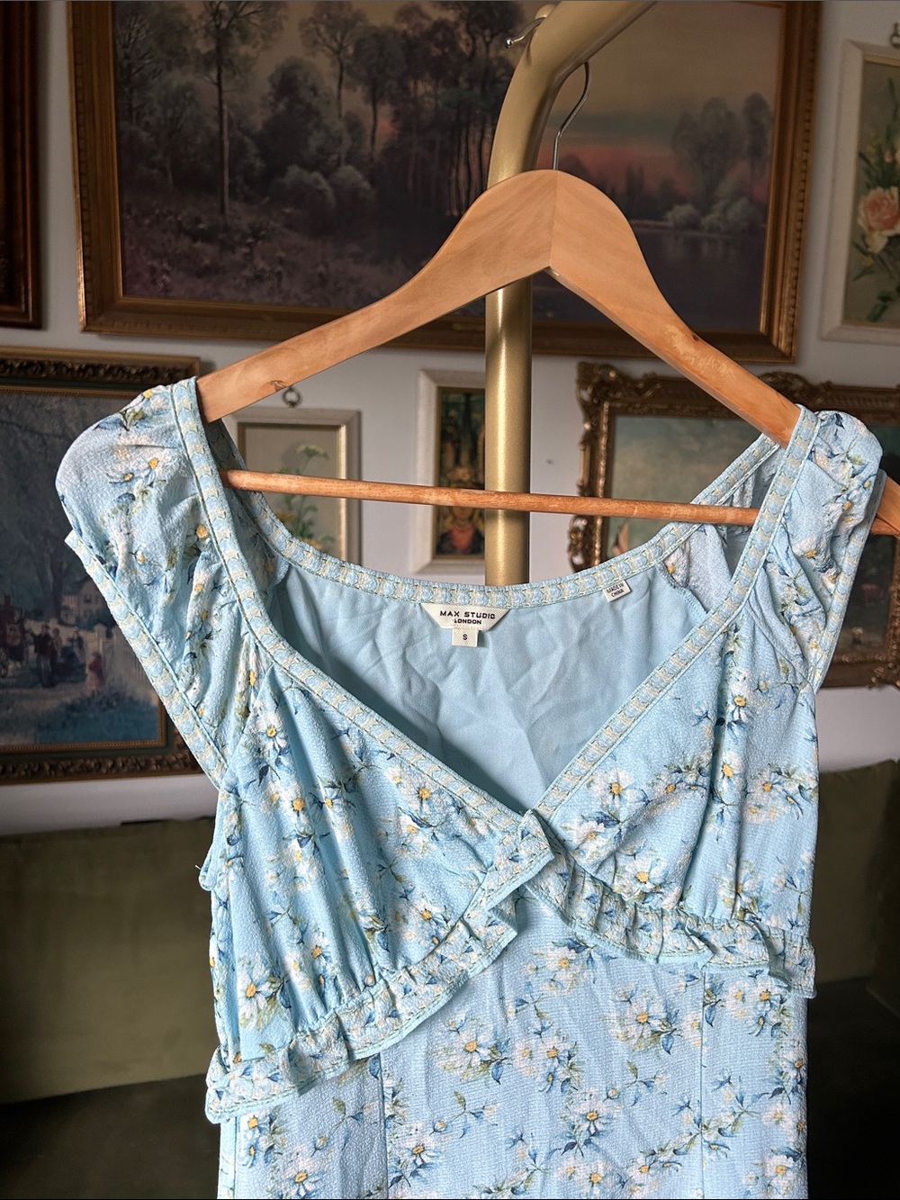 Cottagecore Max Studio Light Blue Floral Ruffle Maxi Dress - Picture 6 of 9